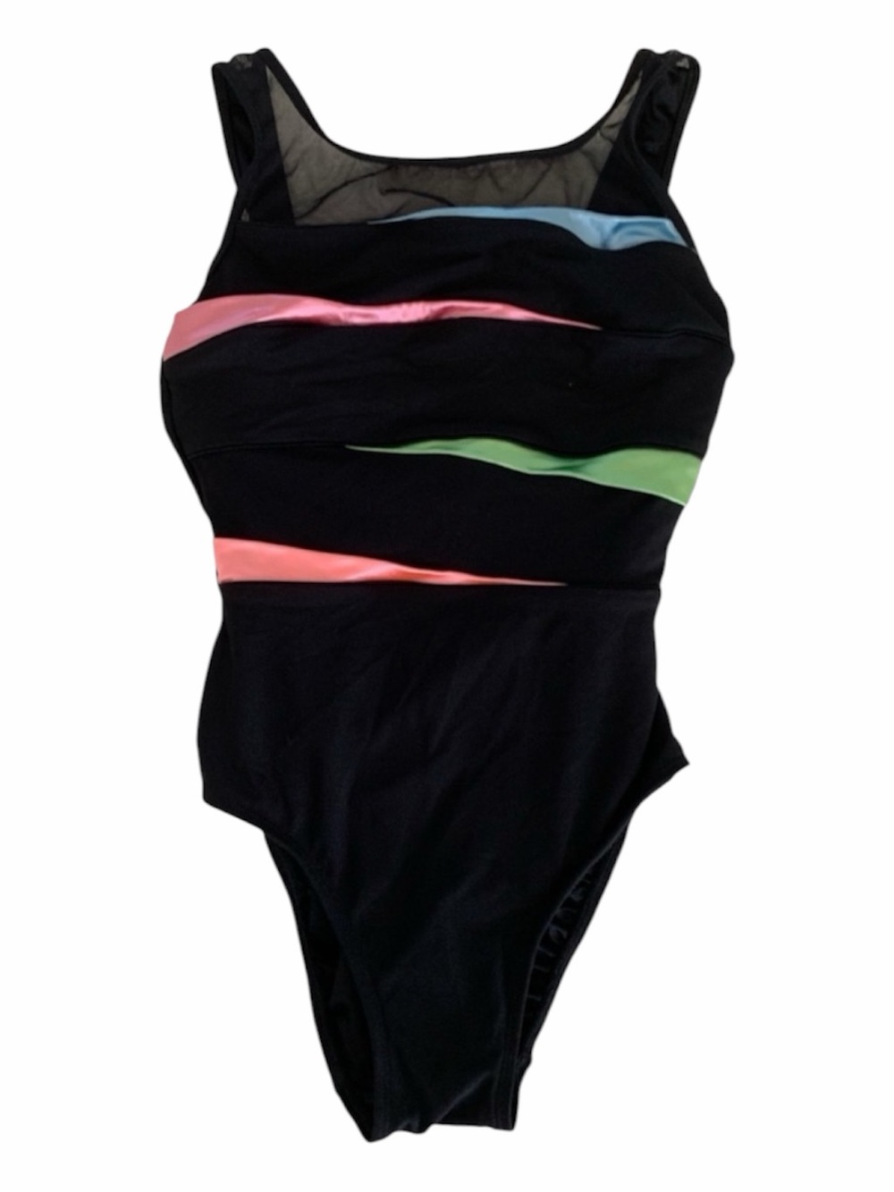 Longitude Bathing Swim Suit Women’s 8 Black Pink Green 1 Piece Mesh Square Neck